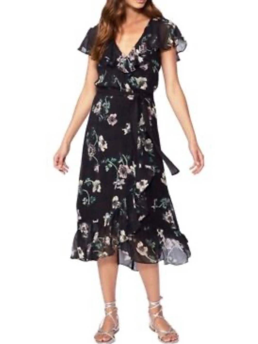 PAIGE Palisades Cape Sleeve Silk Floral Dress Black Size Medium